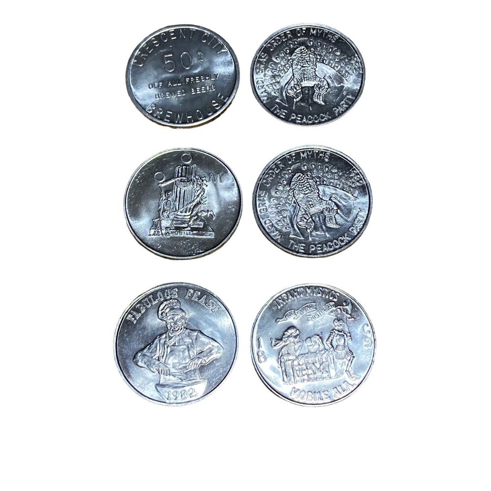 TOKENS Duobloons (6) Aluminum? Fabulous Feast 1982 & Crescent City Brewhouse